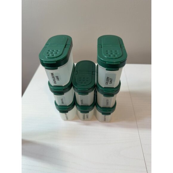 Tupperware Spice Containers Set of 8 Clear Green Lids Vintage 1843-19 - Picture 2 of 7